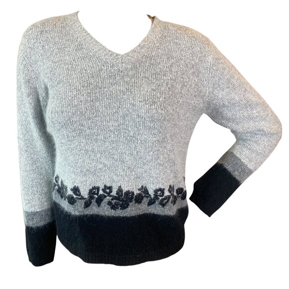 VTG Garland Super Soft Silk Angora Blend V-Neck Sweater Gray/Black Sz M #289P - Picture 1 of 7